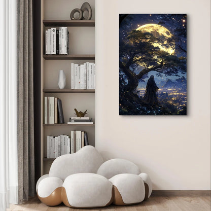 Mystical Wizard Under a Giant Glowing Moon 40x60cm Metal Print Ready to Hang