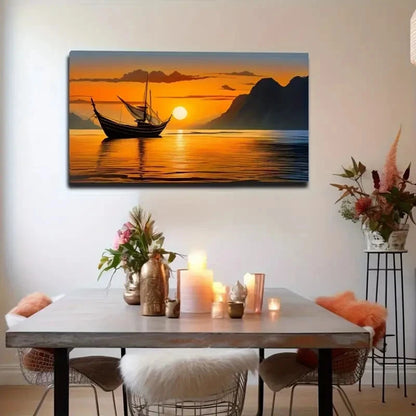 Sunset Fishing Boat Coastal Wall Art Canvas Office Home Room Framed 120x60cm