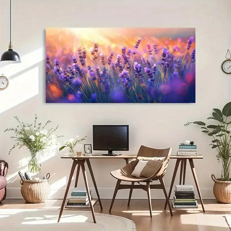 Purple Floral Sunset Lavender Wall Art Canvas Office Home Room Framed 120x60cm - Bella Home Decor