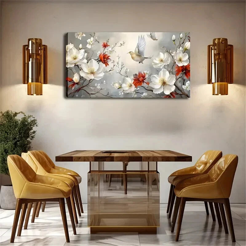 White Magnolia And Red Flowers Wall Art Canvas Office Home Room Framed 120x60cm