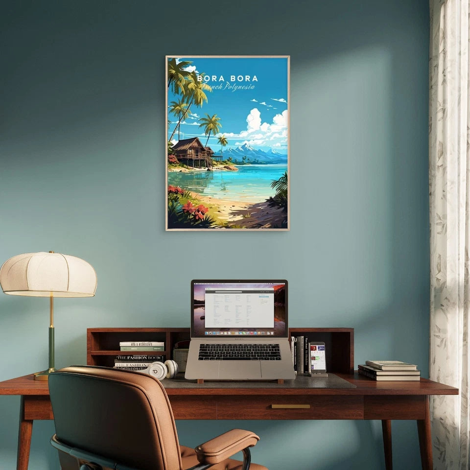 Bora Bora French Polynesia Trees On Tropical Beach Travel Poster Print Wall Art - Bella Home Decor