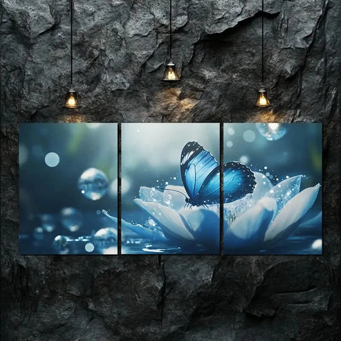 3pcs Vibrant Blue Butterfly on White Lotus Perfect Wall Art Canvas Unframed - High Quality Print 100% Australian Made Wall Canvas