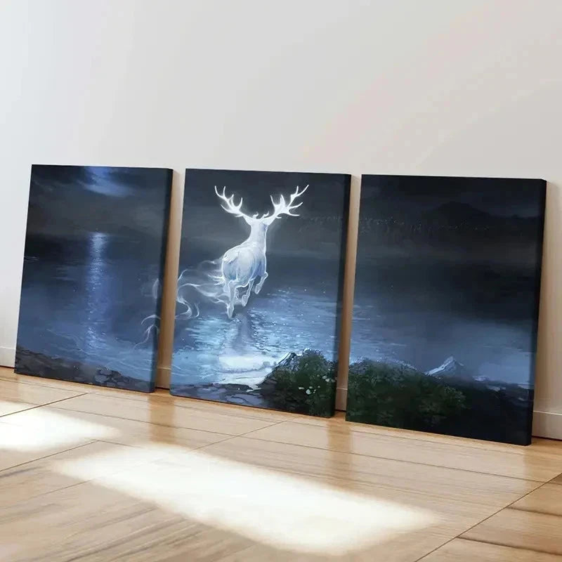 3pcs Enchanted Forest Scene with Glowing Deer Wall Art Set Canvas Framed 60x90cm - High Quality Print 100% Australian Made Wall Canvas Ready to Hang