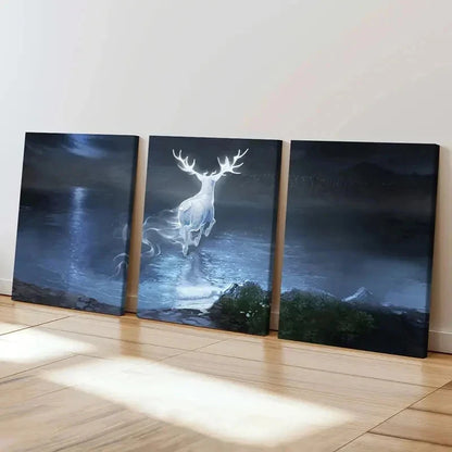 3pcs Enchanted Forest Scene with Glowing Deer Wall Art Set Canvas Framed 60x90cm - High Quality Print 100% Australian Made Wall Canvas Ready to Hang