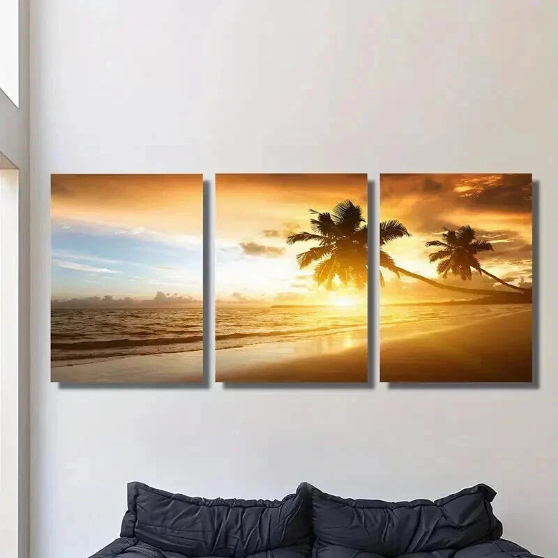 3pcs Sunset Over The Sea & Palm Trees Wall Art Set Canvas Framed 60x90cm - High Quality Print 100% Australian Made Wall Canvas Ready to Hang