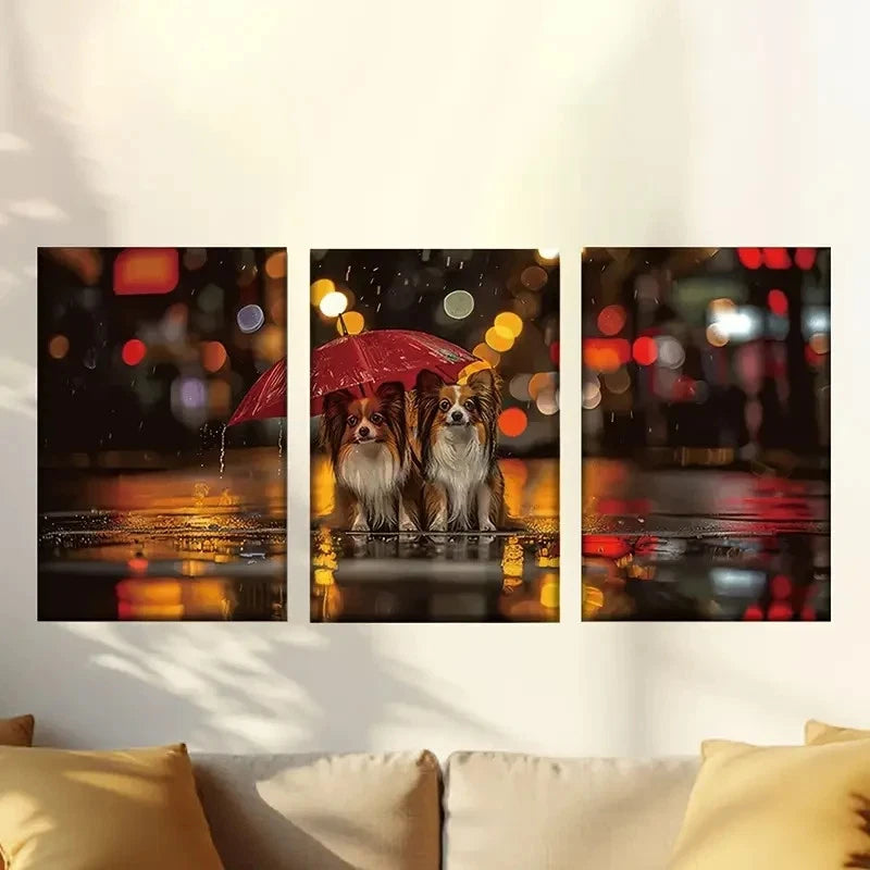 3pcs Dog Couple in The Rain Wall Art Set Canvas Framed 50x70cm - High Quality Print 100% Australian Made Wall Canvas Ready to Hang - Bella Home Decor