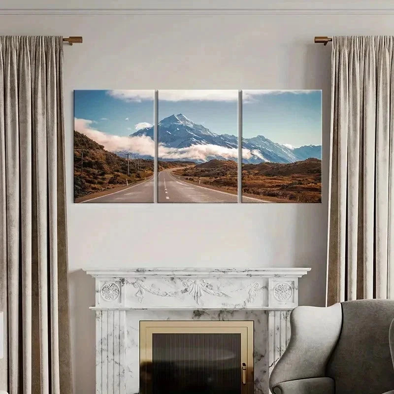 3pcs Snowy Mountains Roads Natural Wall Art Set Canvas Framed 60x90cm - High Quality Print 100% Australian Made Wall Canvas Ready to Hang