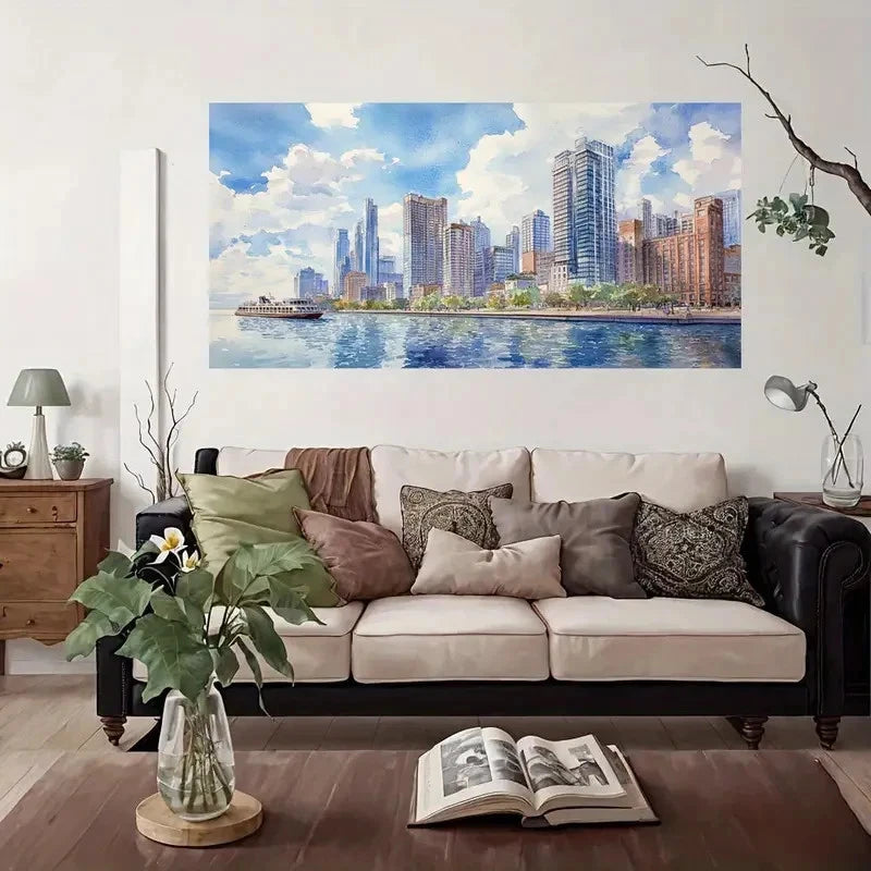 Modern Cityscape Watercolor Wall Art Canvas Office Home Room Framed 120x60cm