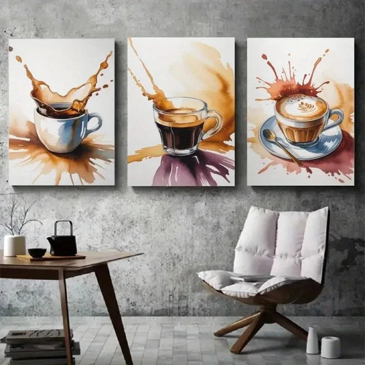 3pcs Coffee Cups Espresso Latte Art Painting Metal Print Ready to Hang Art
