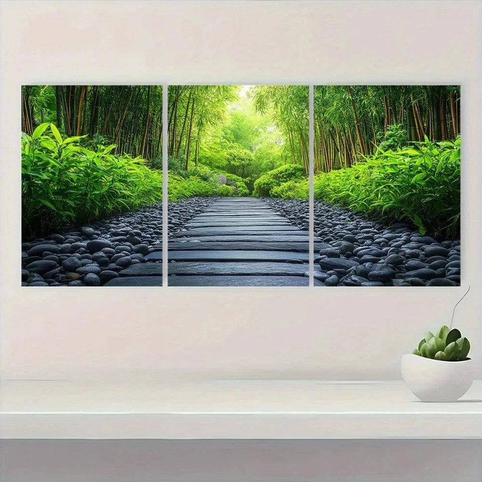 3pcs Zen Garden Bamboo and Stone Pathway Metal Print Ready to Hang Art - Bella Home Decor