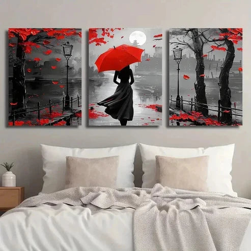 3pcs Black & White Girl with Red Umbrella Wall Art Set Canvas Unframed - High Quality Print 100% Australian Made Wall Canvas - Bella Home Decor