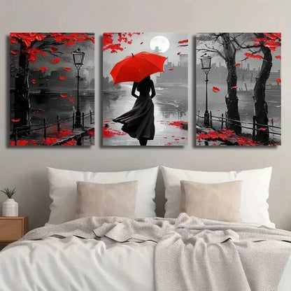 3pcs Black & White Girl with Red Umbrella Wall Art Set Canvas Unframed - High Quality Print 100% Australian Made Wall Canvas - Bella Home Decor