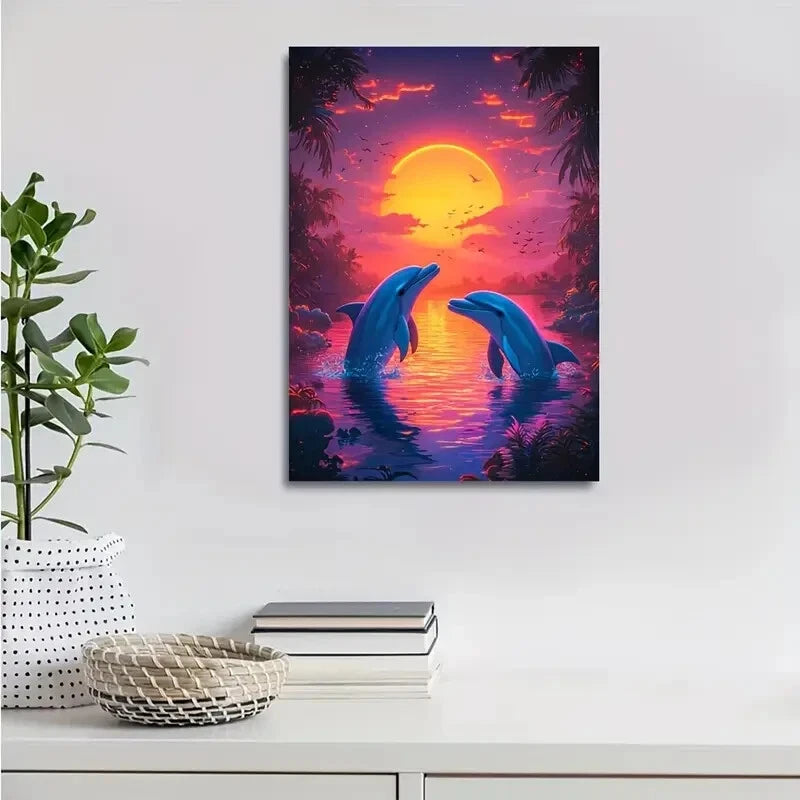 Vibrant Dolphin Sunset Scene with Glowing Painting 40x60cm Metal Print Ready to Hang