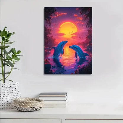 Vibrant Dolphin Sunset Scene with Glowing Painting 40x60cm Metal Print Ready to Hang