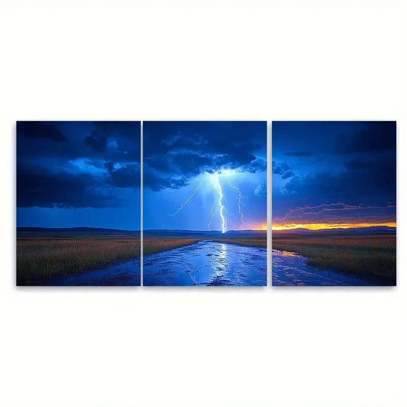 3pcs Dramatic Lightning Stormy Blue SkyG   Wall Art Set Canvas Framed 40x60cm - High Quality Print 100% Australian Made Wall Canvas Ready to Hang - Bella Home Decor