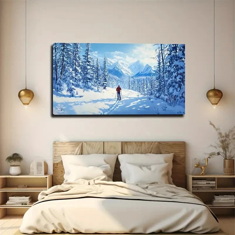 Joyful Skier Winter Landscape Wall Art Canvas Office Home Room Framed 120x60cm