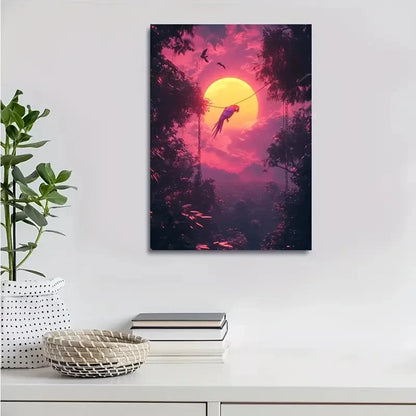 Swinging from Trees under Glowing Painting 40x60cm Metal Print Ready to Hang