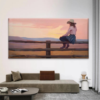 Western Cowboy Girl on Fence Wall Art Canvas Office Home Room Framed 120x60cm