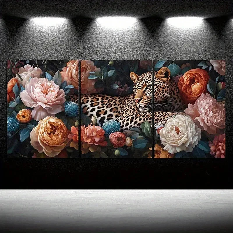 3pcs Leopards in The Flowers Roses Metal Print Ready to Hang Art - Bella Home Decor