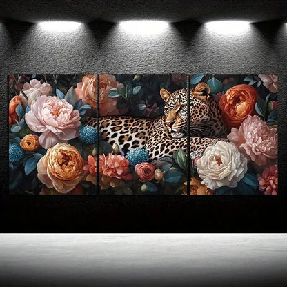3pcs Leopards in The Flowers Roses Metal Print Ready to Hang Art - Bella Home Decor