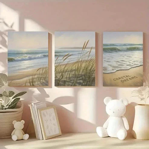 3pcs Beach Waves & Pampas Grass Wall Art Set Canvas Unframed - High Quality Print 100% Australian Made Wall Canvas - Bella Home Decor
