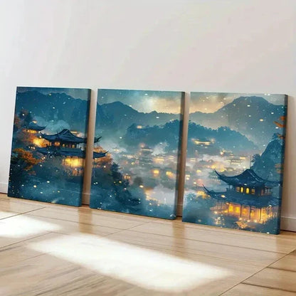 3pcs Retro Chinese Traditional Architecture Wall Art Set Canvas Unframed - High Quality Print 100% Australian Made Wall Canvas