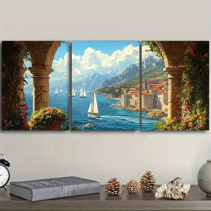 3pcs Mediterranean Coastal View From The Arches  Wall Art Set Canvas Framed 40x60cm - High Quality Print 100% Australian Made Wall Canvas Ready to Hang
