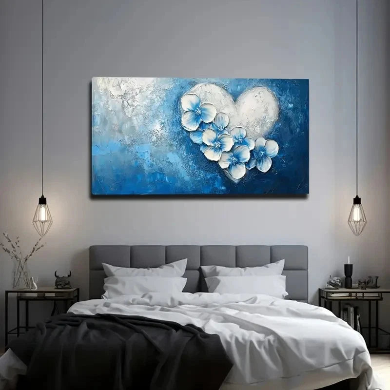 Blue Floral Heart Design Décor Wall Art Canvas Office Home Room Framed 120x60cm
