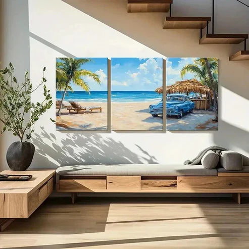 3pcs Beach Ocean Palm Trees & Vintage Car Wall Art Canvas Unframed - High Quality Print 100% Australian Made Wall Canvas