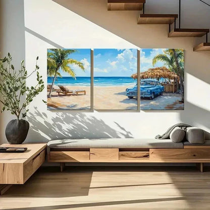 3pcs Beach Ocean Palm Trees & Vintage Car Wall Art Canvas Unframed - High Quality Print 100% Australian Made Wall Canvas