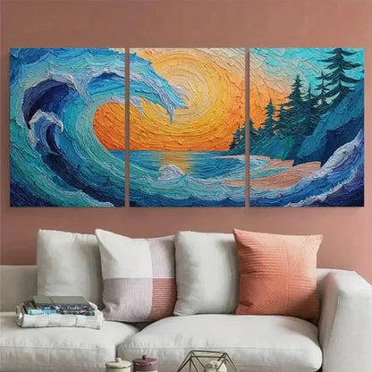 3pcs Blue Ocean Wave Sunrise Vertical Wall Art Canvas Unframed - High Quality Print 100% Australian Made Wall Canvas - Bella Home Decor