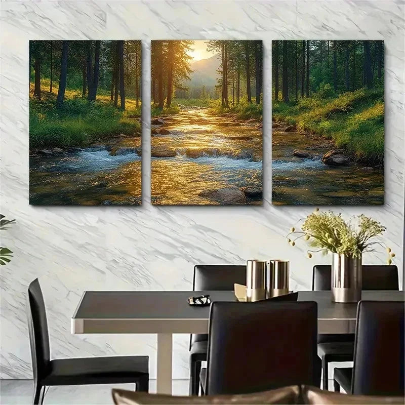 3pcs Forest River Scene Beauty Perfect Wall Art Set Canvas Framed 50x70cm - High Quality Print 100% Australian Made Wall Canvas Ready to Hang - Bella Home Decor
