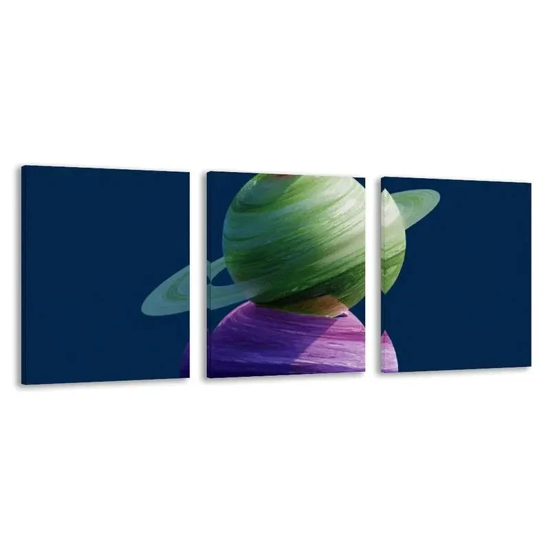 3pcs Green Ringed Planet Rests On Purple Sphere  Wall Art Set Canvas Framed 40x60cm - High Quality Print 100% Australian Made Wall Canvas Ready to Hang