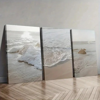 3pcs Ocean Scene with Sandy Shore & Wave Crests Wall Art Set Canvas Unframed - High Quality Print 100% Australian Made Wall Canvas