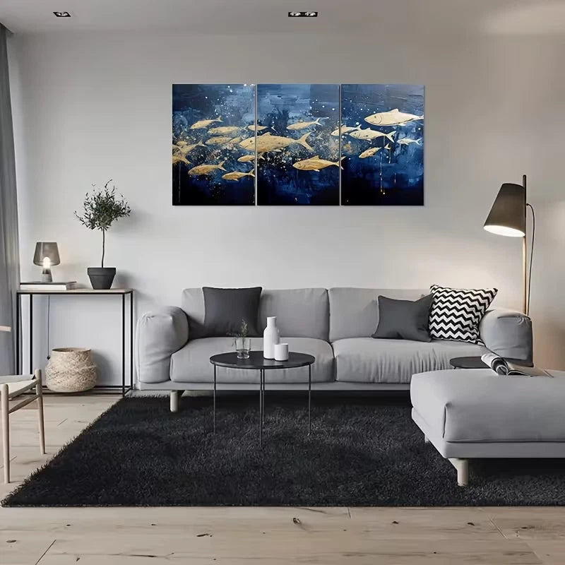 3pcs Abstract Fish School Wall Art Set Canvas Framed 50x70cm – High Quality Print, 100% Australian Made, Ready to Hang