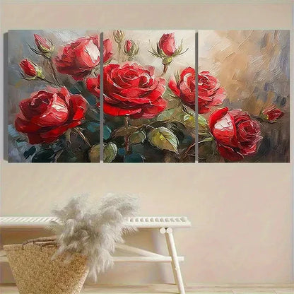 3pcs Vibrant Red Roses Oil Painting Wall Art Set Canvas Unframed - High Quality Print 100% Australian Made Wall Canvas - Bella Home Decor