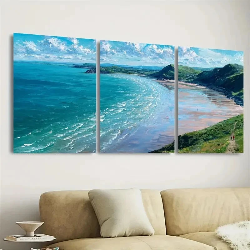 3pcs Rhossili Bay Seaside Coastal Landscape Wall Art Set Canvas Framed 40x60cm - High Quality Print 100% Australian Made Wall Canvas Ready to Hang
