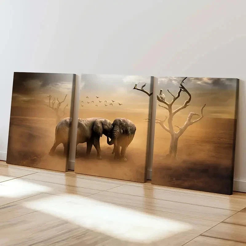 3pcs Elephants & Dead Trees Landscape Wall Art Set Canvas Framed 40x60cm - High Quality Print 100% Australian Made Wall Canvas Ready to Hang - Bella Home Decor