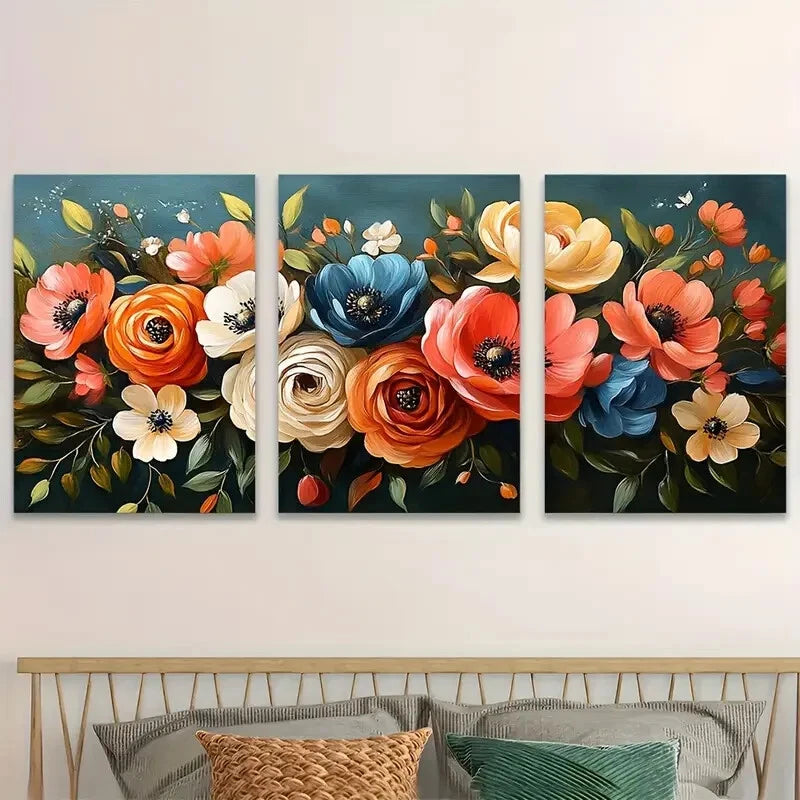 3pcs Bold Floral Bouquet Abstract Perfect Wall Art Set Canvas Framed 40x60cm - High Quality Print 100% Australian Made Wall Canvas Ready to Hang - Bella Home Decor