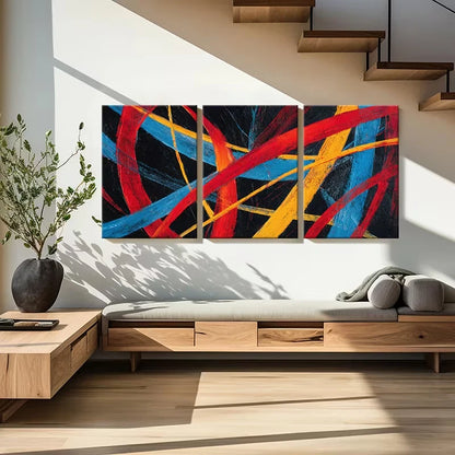 3pcs Abstract Red Blue Yellow Stripes Dynamic  Wall Art Set Canvas Framed 50x70cm - High Quality Print 100% Australian Made Wall Canvas Ready to Hang - Bella Home Decor