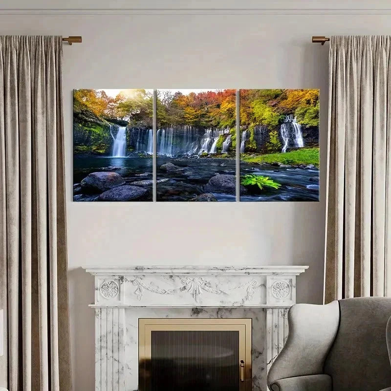 3pcs Vibrant Autumn Waterfall Landscape Wall Art Set Canvas Framed 40x60cm - High Quality Print 100% Australian Made Wall Canvas Ready to Hang - Bella Home Decor