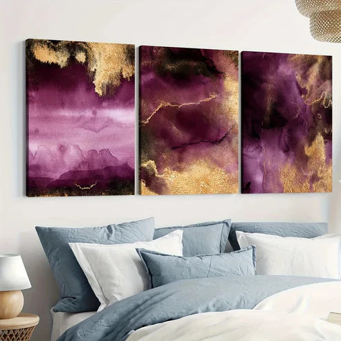3pcs Golden Abstract Purple Elegant Modern Wall Art Set Canvas Unframed - High Quality Print 100% Australian Made Wall Canvas