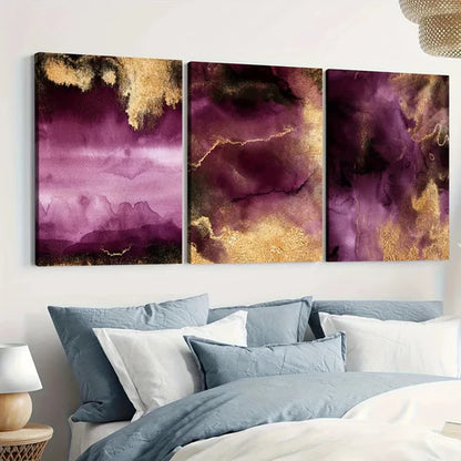 3pcs Golden Abstract Purple Elegant Modern Wall Art Set Canvas Unframed - High Quality Print 100% Australian Made Wall Canvas