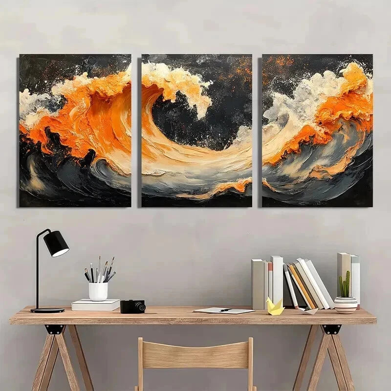 3pcs Black Orange Ceramic Embellishment Wall Art Set Canvas Framed 50x70cm - High Quality Print 100% Australian Made Wall Canvas Ready to Hang - Bella Home Decor