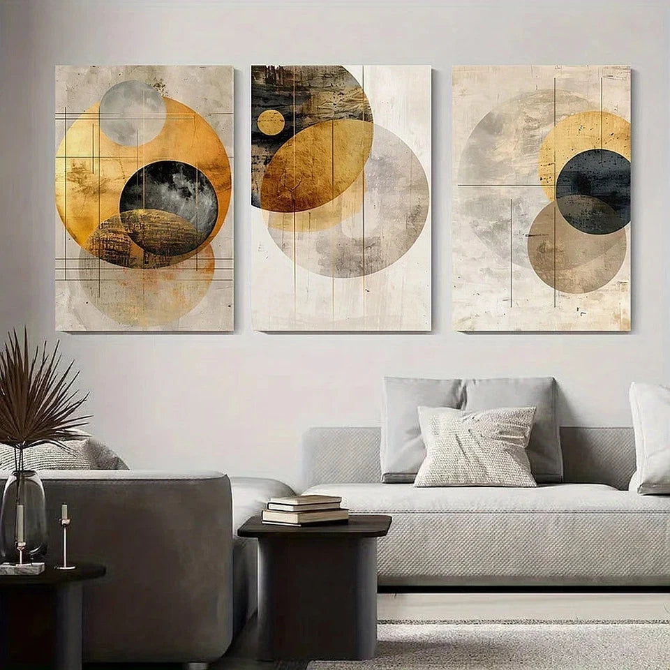 3pcs Abstract Geometric Golden and Black Round Metal Print Ready to Hang Art - Bella Home Decor