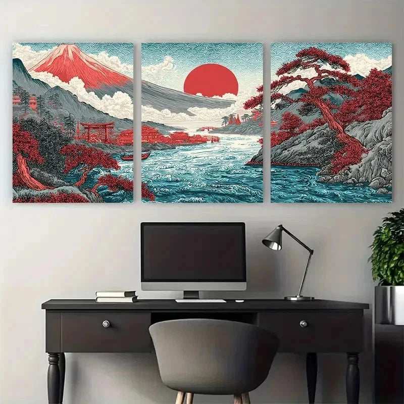 3pcs Continuous Artwork Japan Travel Perfect Wall Art Set Canvas Framed 50x70cm - High Quality Print 100% Australian Made Wall Canvas Ready to Hang - Bella Home Decor