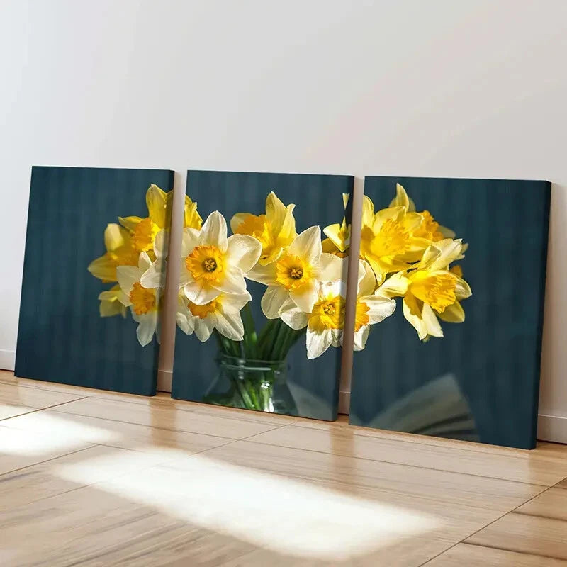 3pcs Yellow White Flower Narcissus Wall Art Set Canvas Framed 40x60cm - High Quality Print 100% Australian Made Wall Canvas Ready to Hang - Bella Home Decor