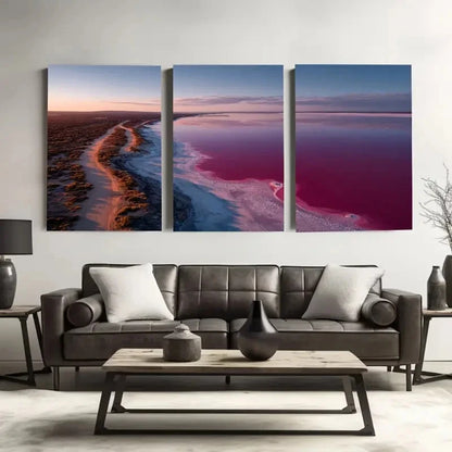 3pcs Pink Lake, Western Australia Wall Art Set Canvas Framed 50x70cm - High Quality Print 100% Australian Made Wall Canvas Ready to Hang