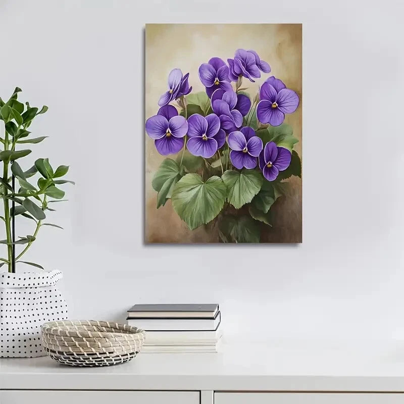 Vibrant Purple Violets with Green Leaves Painting 40x60cm Metal Print Ready to Hang - Bella Home Decor
