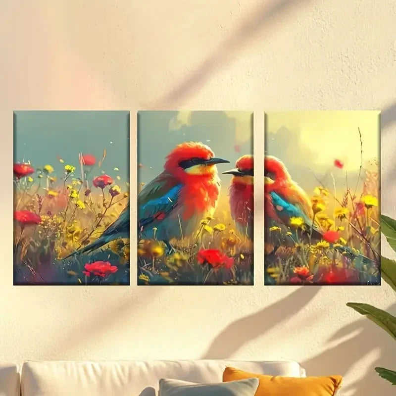 3pcs  Two Birds Sitting on a Field of Flowers  Wall Art Set Canvas Framed 40x60cm - High Quality Print 100% Australian Made Wall Canvas Ready to Hang - Bella Home Decor